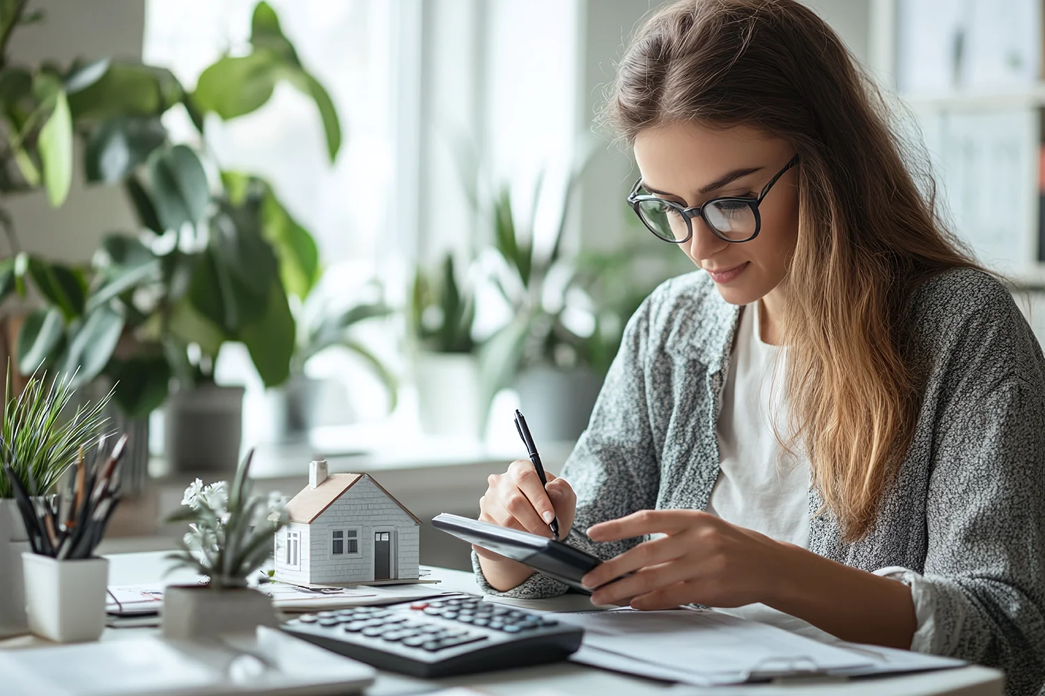 Homeowner reviewing property tax documents while calculating home value, using a calculator and notepad beside a small house model, representing residential property tax planning and assessment review.