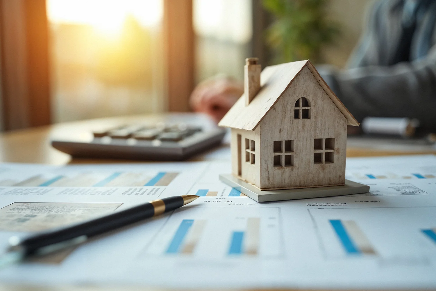 Small wooden house model placed on financial documents and charts, symbolizing residential property valuation and property tax assessment analysis by Tax Cutter.