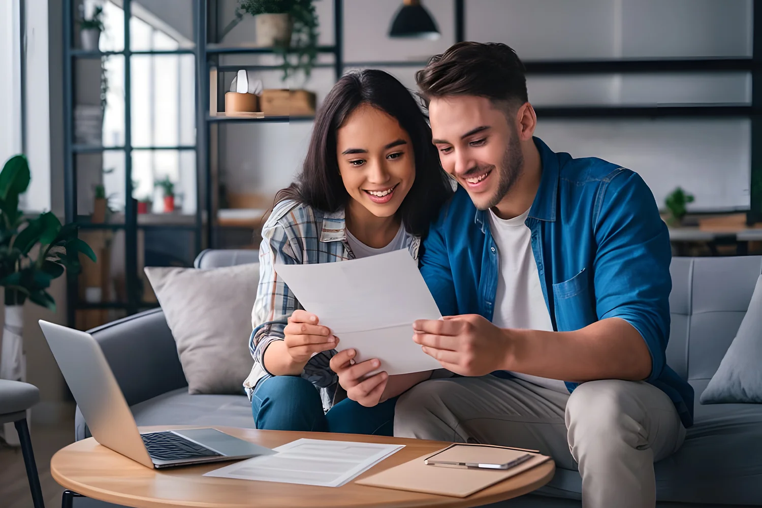 A smiling couple reviews property tax paperwork at home, representing homeowners who saved money through Tax Cutter’s Houston property tax protest and appeal services.