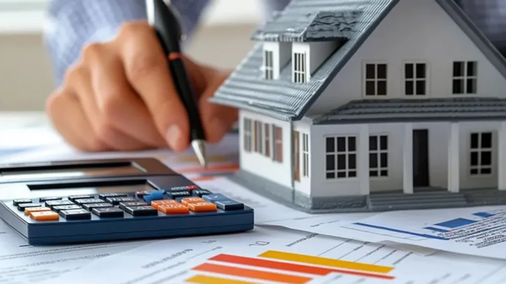 Close-up of a person reviewing property tax documents with a calculator and a house model, analyzing home value and tax calculations.