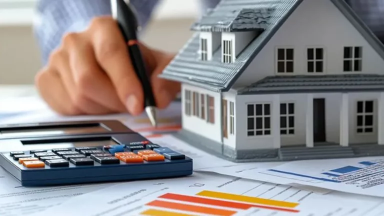 Close-up of a person reviewing property tax documents with a calculator and a house model, analyzing home value and tax calculations.