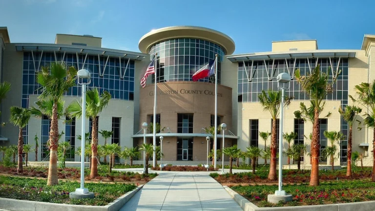 Exterior view of the Galveston County Courts building in Texas, featuring modern architecture, palm trees, and U.S. and Texas flags at the entrance.