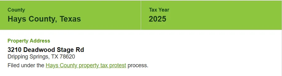 Client summary showing a residential property in Hays County, Texas, with an address in Dripping Springs, filed for the 2025 tax year under the county property tax protest process