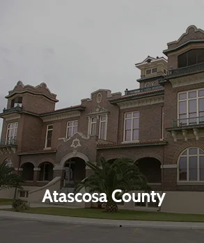 Historic courthouse building in Atascosa County with brick architecture and palm trees in front