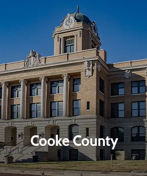 Cooke County Courthouse in Texas with grand columns, holiday tree display, and historic architecture in a downtown square.