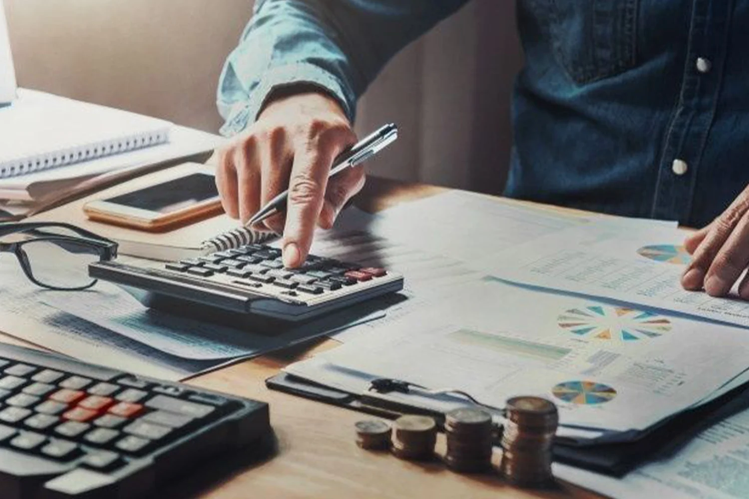 Person using calculator with financial charts, documents, and coins on desk, illustrating tax calculations, budgeting, and property tax analysis.