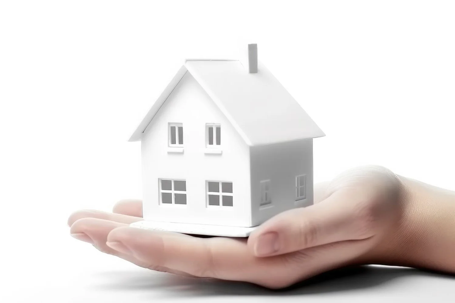 A small white model house resting on an open hand, symbolizing home ownership, property value, and care.