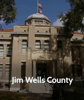 Jim Wells County Courthouse in Texas with classic columns, central entrance, and American flag framed by mature trees.