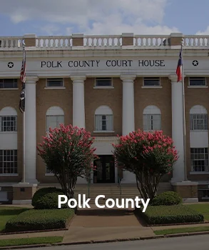 Polk County Courthouse in Texas with tall white columns, landscaped walkway, and flowering trees at the entrance