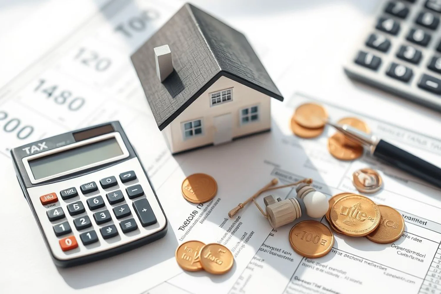 House model with calculator, coins, and tax documents, illustrating property tax calculation, home valuation, and potential savings opportunities.