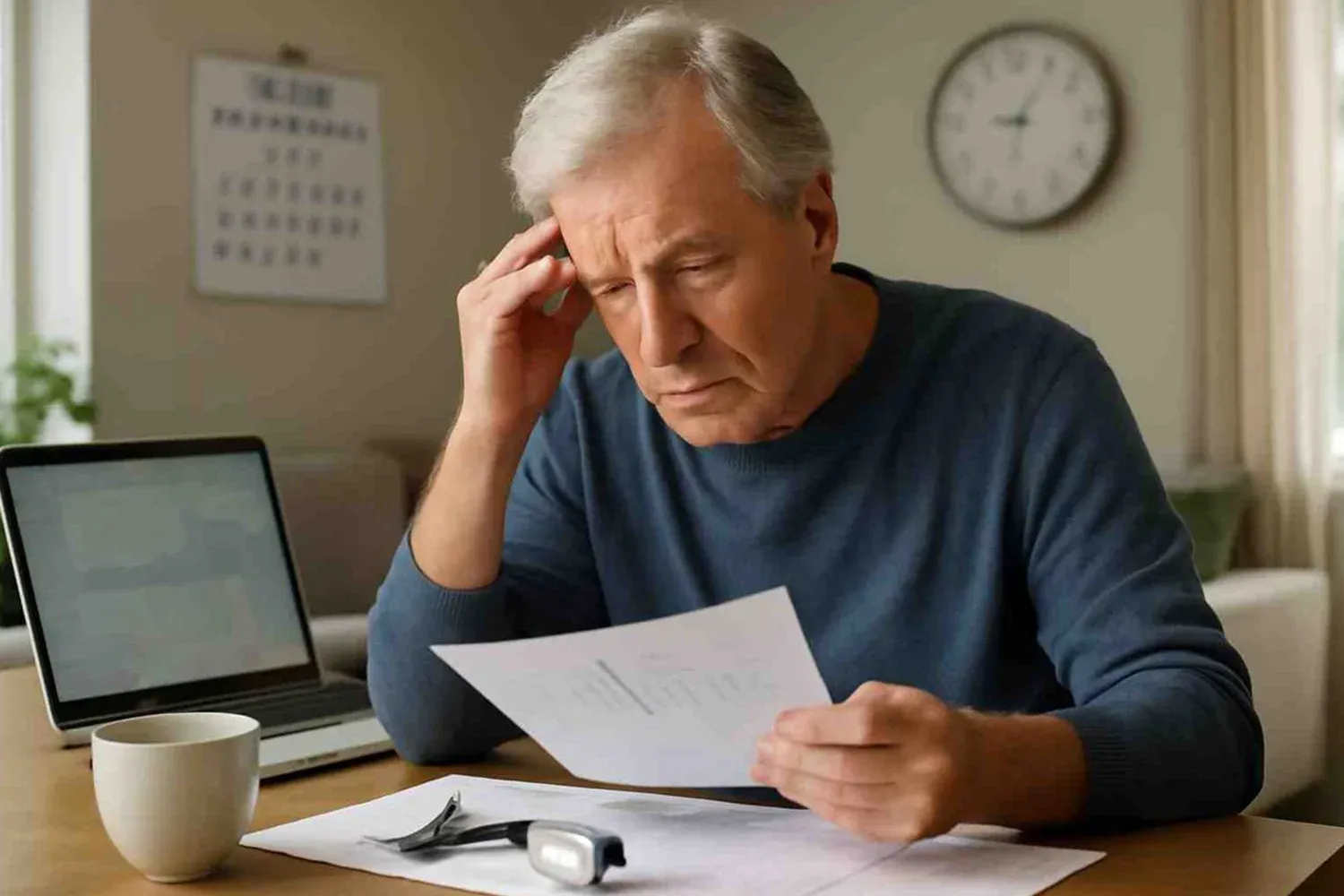 Man reviewing financial documents at home with a concerned expression, representing property tax bills, expenses, and financial stress.
